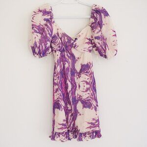 Slate & Willow Cream Purple Abstract Puff Sleeve Coquette Mini Dress XS